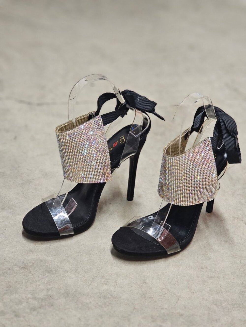 Black High Heel Sandals With Rhinestone Embellished Panels Clear Straps & Ribbon